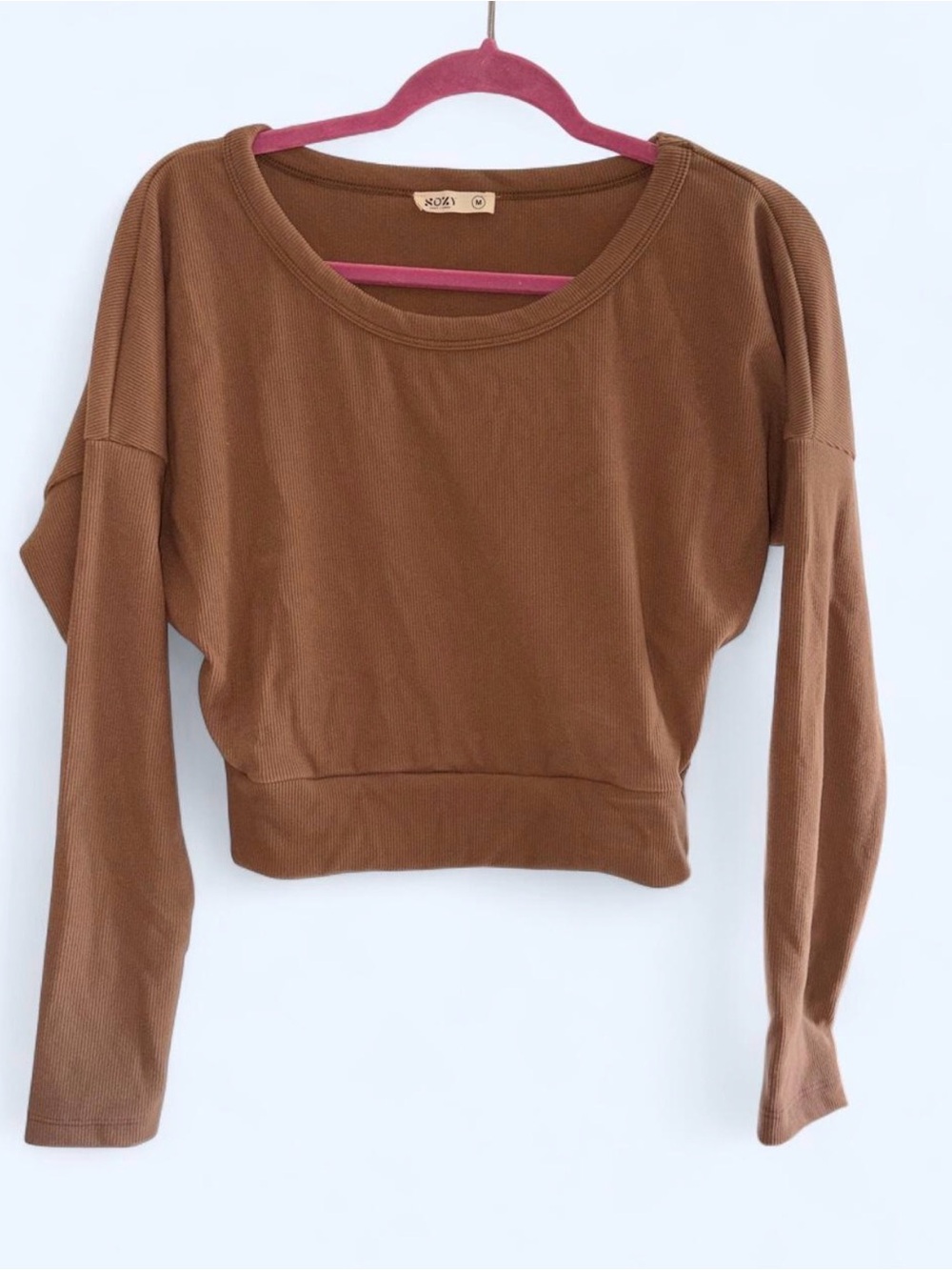 Sozy Brown Ribbed Cropped Long-Sleeve Top